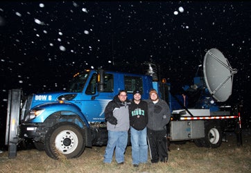 UND graduate students w/Doppler on Wheels on snowy night
